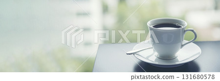 Banner Tabletop black coffee cup red rose on wood table with empty background. Espresso shot caffeine hot coffee cup in cafe. Web Banner Top view Black dark beverage in cafeteria with copy space 131680578