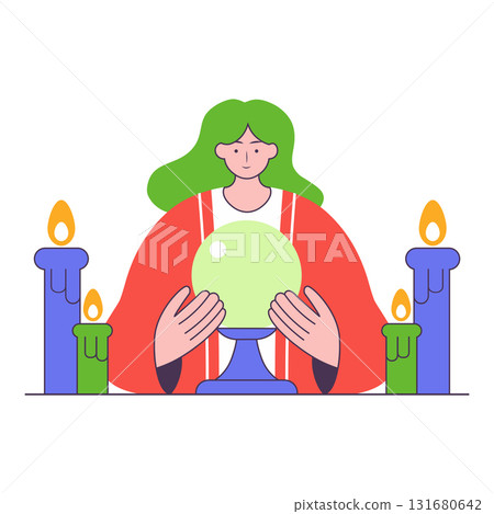 Fortune Teller Illustration with Crystal Ball and Candles on White Background 131680642