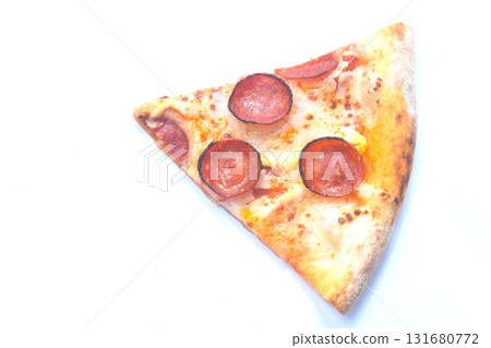 piece of baking homemade peperoni pizza topping slice salami on white background piece of baking homemade peperoni pizza topping slice salami on white background 131680772