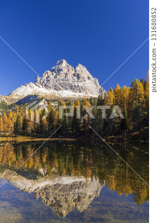 Sorapiss mountain reflecting in the crystal clear Lago Antorno 131680852