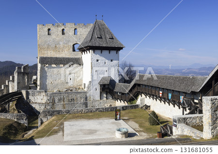 Viewing Celje Castle complex architecture with blue sky Viewing Celje Castle complex architecture with blue sky 131681055