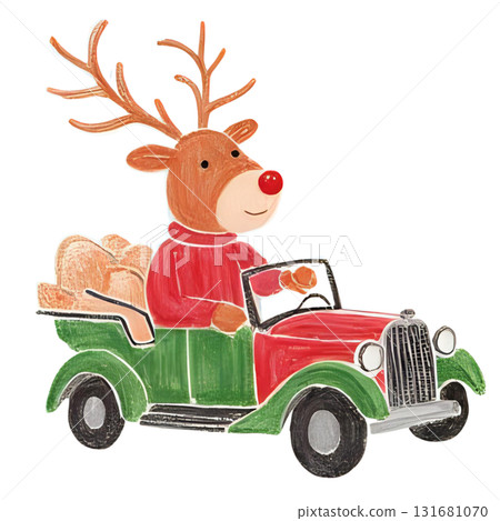 Illustration of a reindeer driving a car 131681070