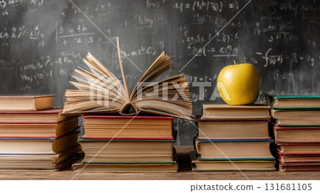book resting on stacked in front of a chalkboard 131681105