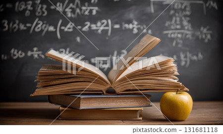 book resting on stacked in front of a chalkboard book resting on stacked in front of a chalkboard 131681118