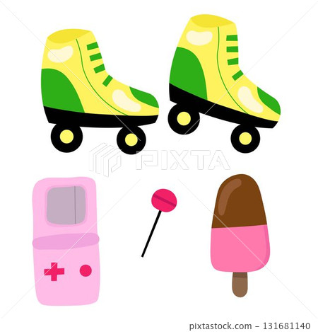 Retro fun set with roller skates ice cream candy and game illustration 131681140