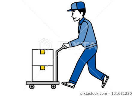 A male delivery man carrying luggage on a cart 131681220