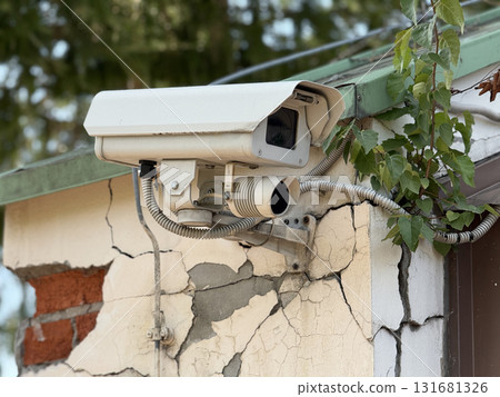 Security camera mounted on cracked wall with climbing plant in outdoor urban setting 131681326