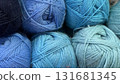Various shades of blue yarn balls suitable for knitting and crafts, perfect background texture 131681345