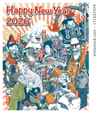 2026新年賀卡模板「略帶搞笑的七福神」新年快樂圖案，可手寫 131681424