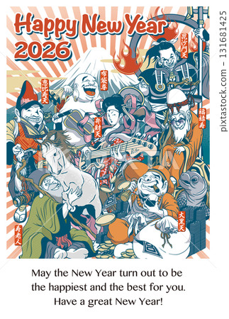 2026 New Year's card template "Slightly Funny Seven Lucky Gods" Happy New Year with English annotations 2026 New Year's card template "Slightly Funny Seven Lucky Gods" Happy New Year with English annotations 131681425