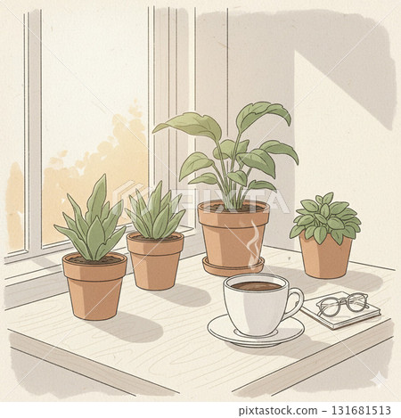 Houseplants and coffee cafe-style morning Houseplants and coffee cafe-style morning 131681513