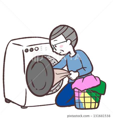 Illustration of a senior man using a drum-type washing machine Illustration of a senior man using a drum-type washing machine 131681538
