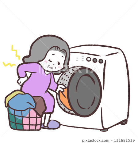 Illustration of a senior woman with a sore back using a drum-type washing machine Illustration of a senior woman with a sore back using a drum-type washing machine 131681539