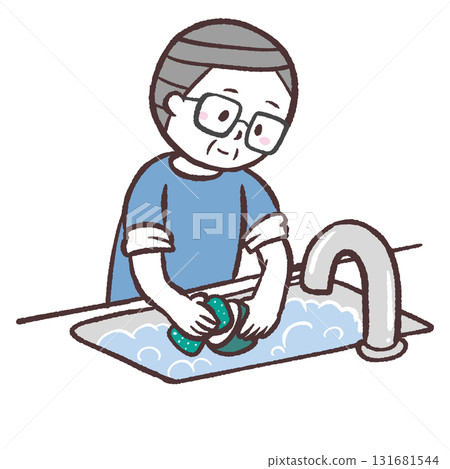 Illustration of a senior man doing the dishes 131681544