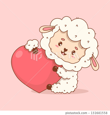 Cute enamored Sheep with big heart. Happy Holiday Valentine kawaii character. Vector illustration 131681558