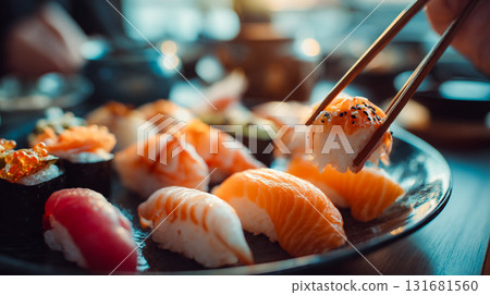 Delicious sushi platter with chopsticks ready to eat. A close-up shot of traditional Asian food with various types of sushi, including nigiri and maki rolls, chirashi sushi. This is AI-generated item 131681560