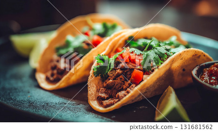 Delicious tacos with fresh ingredients served on a plate, ready to eat. Close-up shot of two flavorful tacos filled with meat, tomatoes, and cilantro, alongside lime  This is AI-generated item 131681562