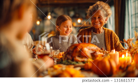 Family Thanksgiving Dinner. A heartwarming scene of a family gathered around a table, enjoying a Thanksgiving feast with a roasted turkey. People of different nationalities This is AI-generated item 131681577