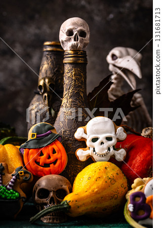 Halloween cookies in shape of ghost, jack-o-lantern and skull 131681713