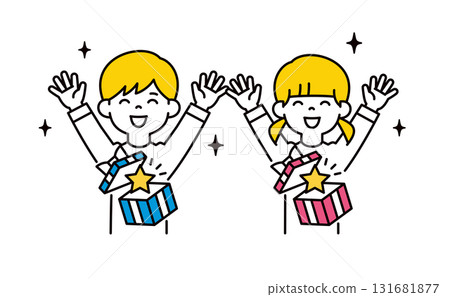 可愛的男孩和女孩上身向量插圖集,他們很高興收到禮物 可愛的男孩和女孩上身向量插圖集,他們很高興收到禮物 131681877