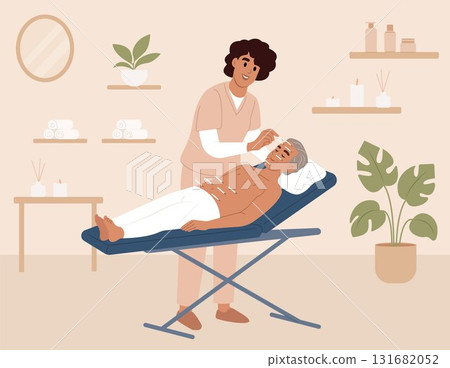 Acupuncture treatment concept. Acupuncture specialist performing facial needle therapy on an elderly patient at a wellness clinic. World Acupuncture Day. Acupuncture treatment concept. Acupuncture specialist performing facial needle therapy on an elderly patient at a wellness clinic. World Acupuncture Day. 131682052