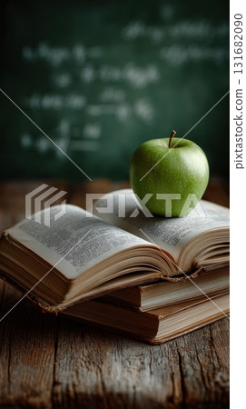 book resting front of a chalkboard 131682090