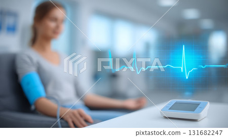 Person Measuring Blood Pressure with Heartbeat Overlay Person Measuring Blood Pressure with Heartbeat Overlay 131682247