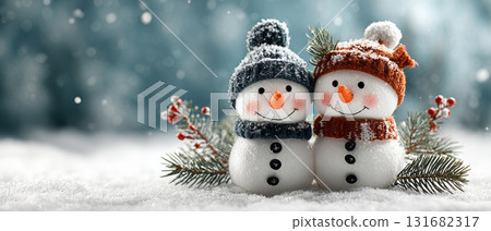 Smiling snowman with orange scarf and hat stands in a snowy forest surrounded by pine trees and falling snowflakes 131682317