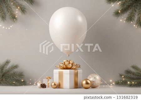 Minimal festive scene with gold gifts and balloons 131682319
