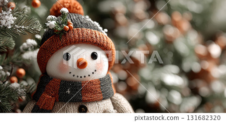 Smiling snowman with orange scarf and hat stands in a snowy forest surrounded by pine trees and falling snowflakes 131682320