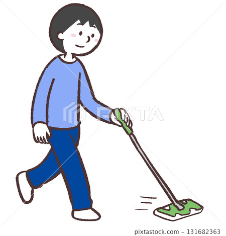Illustration of a man wiping the floor with a floor wiper 131682363