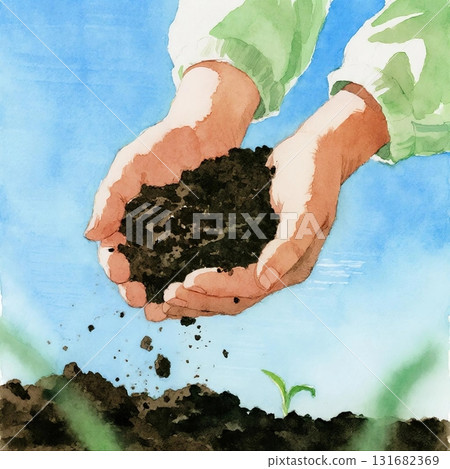 女人的手在土裡挖土的復古插圖 131682369