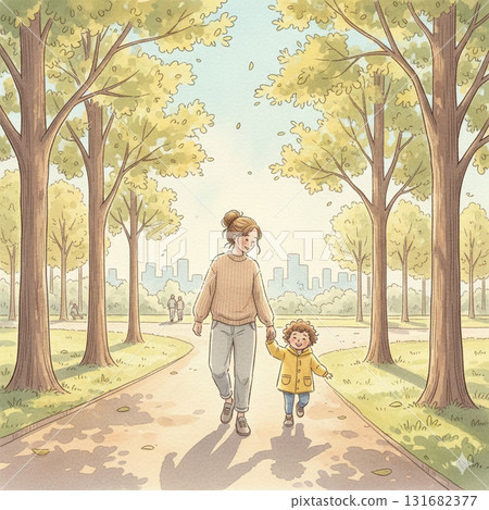 Parent and child walk park holiday scene Parent and child walk park holiday scene 131682377