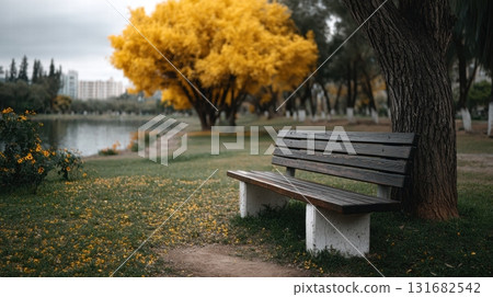 autumn park scene with a wooden bench 131682542