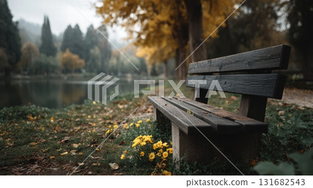 autumn park scene with a wooden bench 131682543