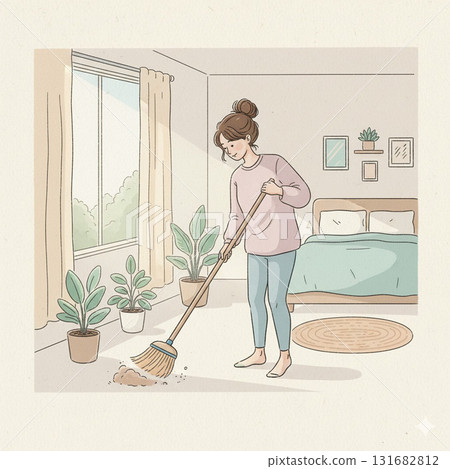 Illustration of a woman cleaning with a broom Housework scene Illustration of a woman cleaning with a broom Housework scene 131682812