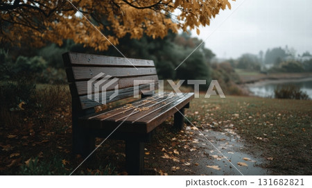 autumn park scene with a wooden bench 131682821