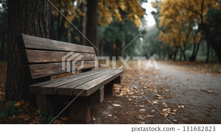 autumn park scene with a wooden bench 131682823
