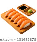 Elegant Presentation of Salmon Sushi with Soy Sauce and Wasabi 131682878