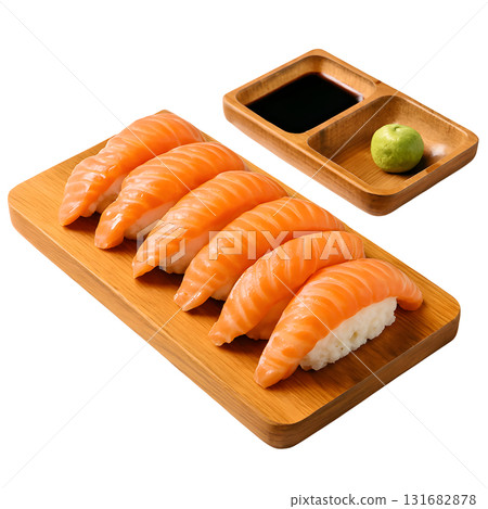 Elegant Presentation of Salmon Sushi with Soy Sauce and Wasabi 131682878