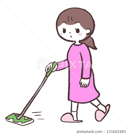 一位女士用地板擦拭器擦地板的插圖 一位女士用地板擦拭器擦地板的插圖 131682885