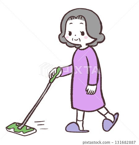 Illustration of a senior woman wiping the floor with a floor wiper 131682887