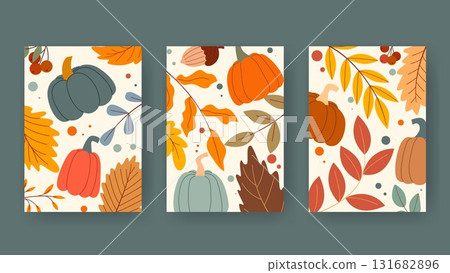 Set of autumn posters with pumpkins, leaves, and berries Set of autumn posters with pumpkins, leaves, and berries 131682896