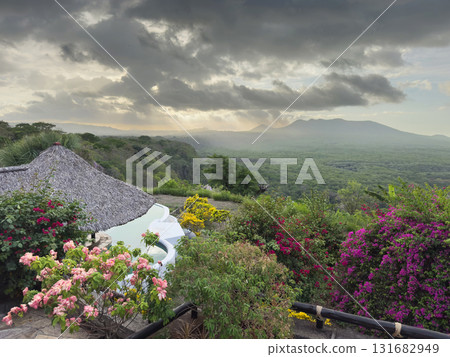 Pool with canopy on Masaya lagoon landscape 131682949