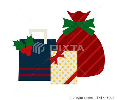 Illustration of a simple Christmas gift wrapped in ribbons and holly Illustration of a simple Christmas gift wrapped in ribbons and holly 131683002