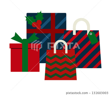 A simple illustration of Christmas gifts lined up in blue, red, and green colors A simple illustration of Christmas gifts lined up in blue, red, and green colors 131683003