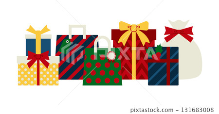 Illustration material of a collection of Christmas gifts wrapped in ribbons and holly 131683008