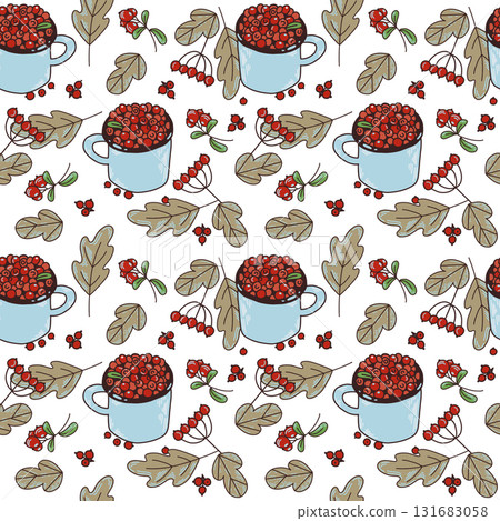 Seamless vector pattern of autumn leaves, cranberries, rowan twigs. All objects are hand-drawn, the illustration is suitable for printing on fabric, paper, for kitchen textiles, packaging decor. Seamless vector pattern of autumn leaves, cranberries, rowan twigs. All objects are hand-drawn, the illustration is suitable for printing on fabric, paper, for kitchen textiles, packaging decor. 131683058