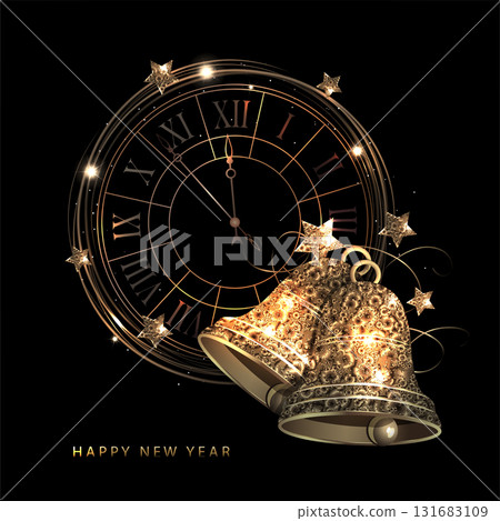 Merry Christmas. 2026. Round clock with textured gold bells 131683109