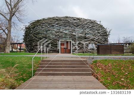 Capi hnizdo Storks Nest riding arena covered with wood resembling a giant birds nest on November 23, 2019 in Olbramovice, Czech Republic. Capi hnizdo Storks Nest riding arena covered with wood resembling a giant birds nest on November 23, 2019 in Olbramovice, Czech Republic. 131683139